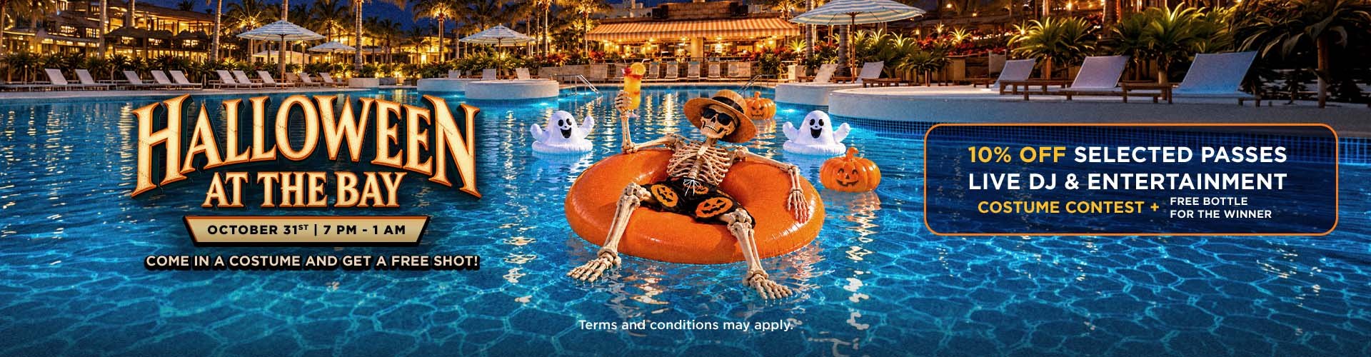 Halloween at the Bay · October 31st · 7 PM – 1 AM · Come in costume and get a free shot! Costume contest with a free bottle for the winner.